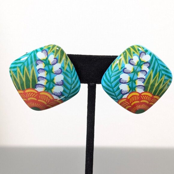 Avon Jewelry - Vintage Avon Blue Tropical Flower Square Acrylic Pierced Earrings